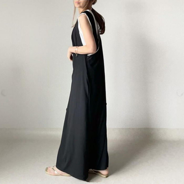 Summer Fashion Solid Color Deep V Cross Back Sleeveless Maxi Dress