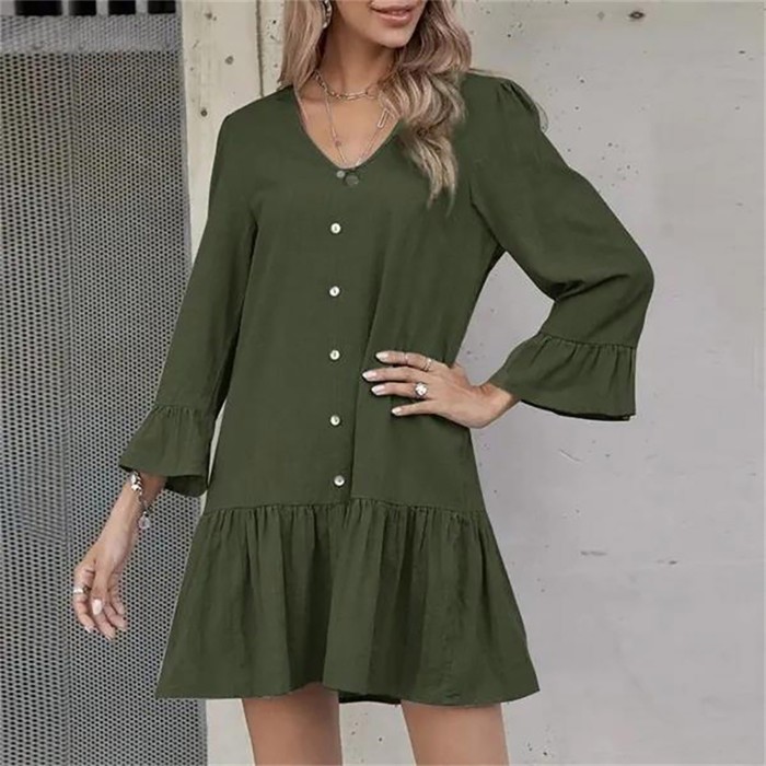 Fashion Button Shirt Solid Color Long Sleeve Round Neck Loose Casual Dress