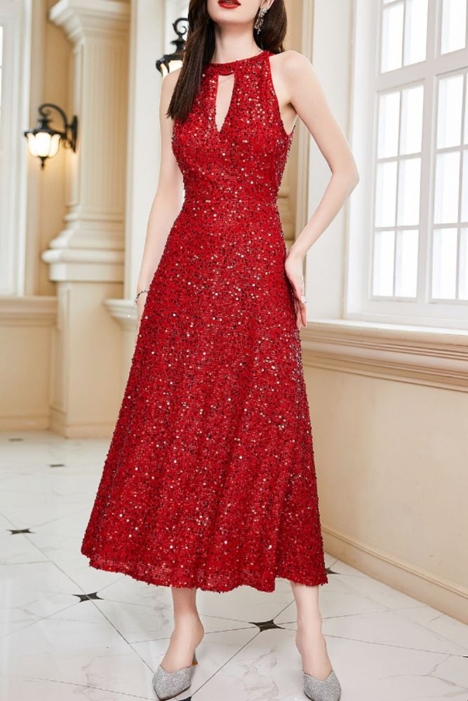 Sexy Corset Elegant Fashionable Sleeveless O-Neck High Waist Sequined Wedding Guest Dress