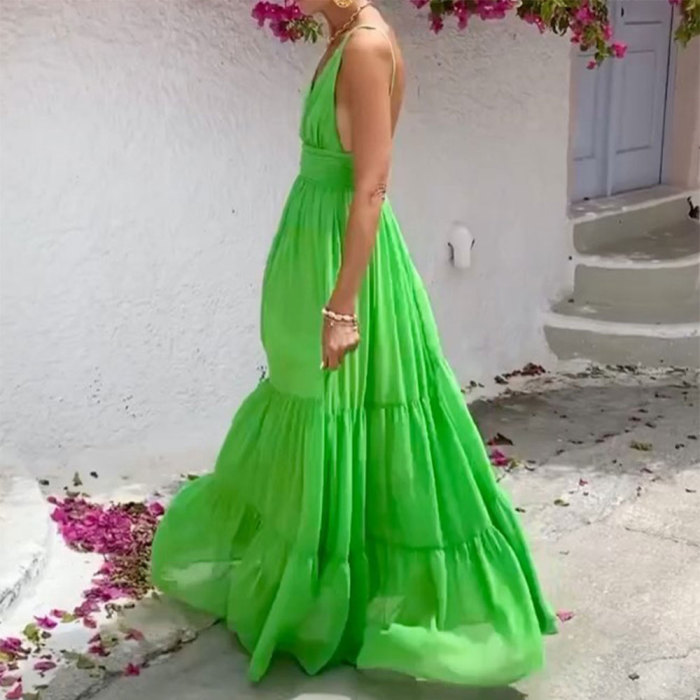 Summer Solid Color Fashion Temperament Sexy V Neck Sleeveless Backless Party Maxi Dress