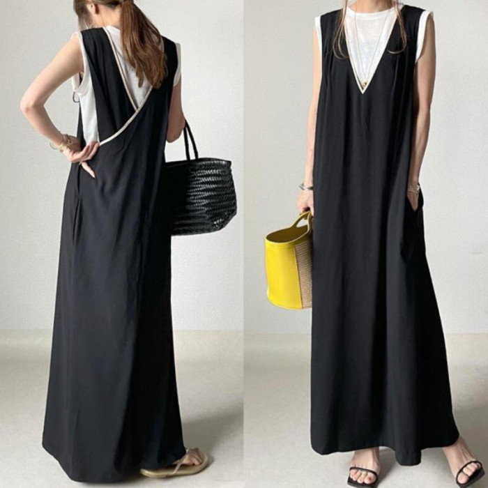 Summer Fashion Solid Color Deep V Cross Back Sleeveless Maxi Dress