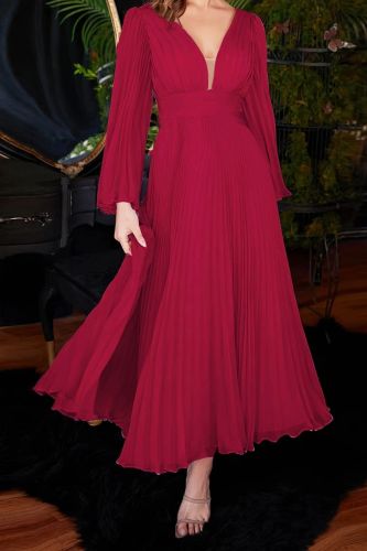 Sexy Pressed Pleated Long Sleeve Slim Fashion V Neck Solid Color Elegant Party  Maxi Dress