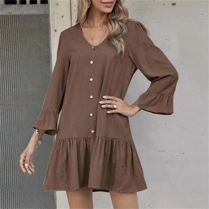 Fashion Button Shirt Solid Color Long Sleeve Round Neck Loose Casual Dress