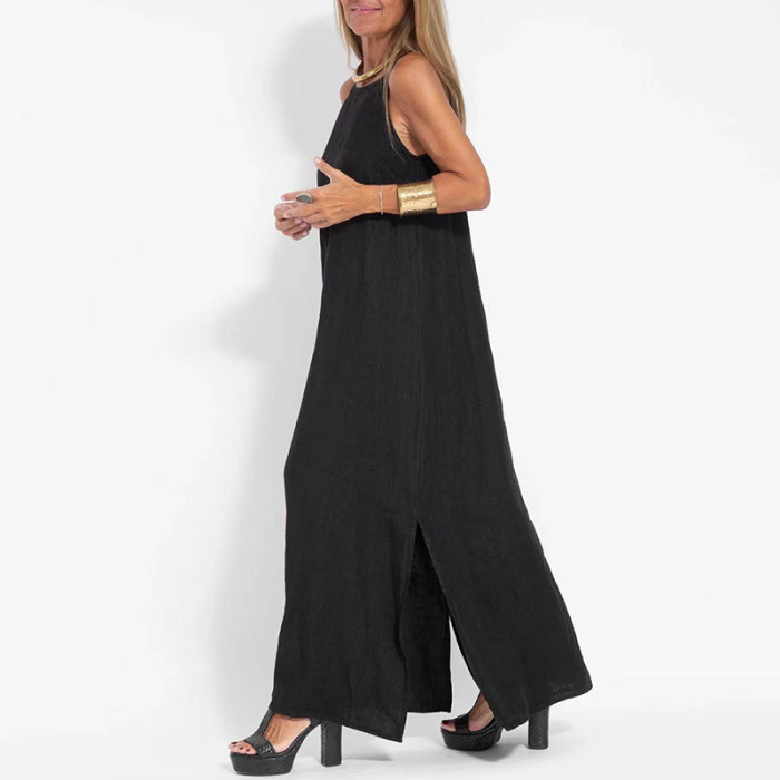 Summer Sling Sleeveless Loose Retro  Fashion Casual Solid Color Side Slit Dress