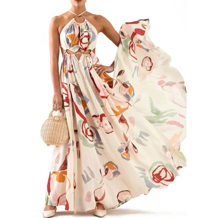 Fashion Sexy Hollow Fashion Floral Sleeveless Halter Neck High Waist Beach Maxi Dress