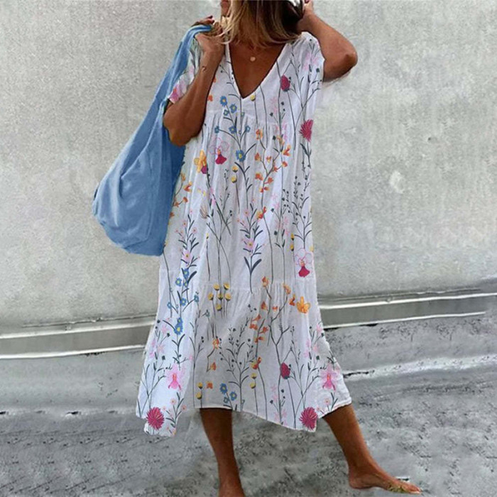 Elegant Summer Print Stitching Casual Short Sleeve Loose V Neck Dress