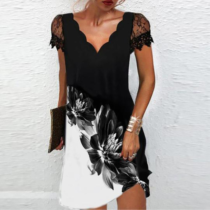 Fashion Elegant V Neck Lace Sexy Short Sleeve Solid Color Party Casual Dress