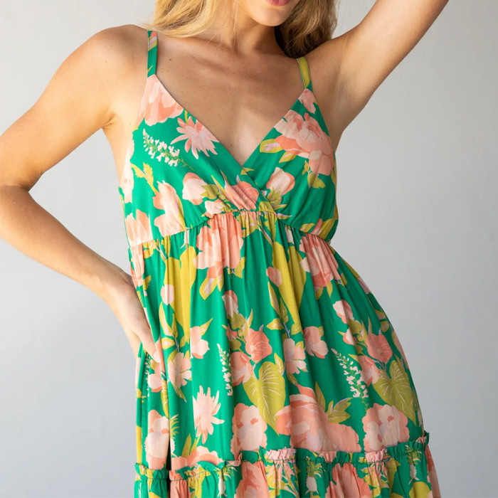 Summer Square Neck High Waist Stitching Pleated Print Loose Casual A-Line  Maxi Dress