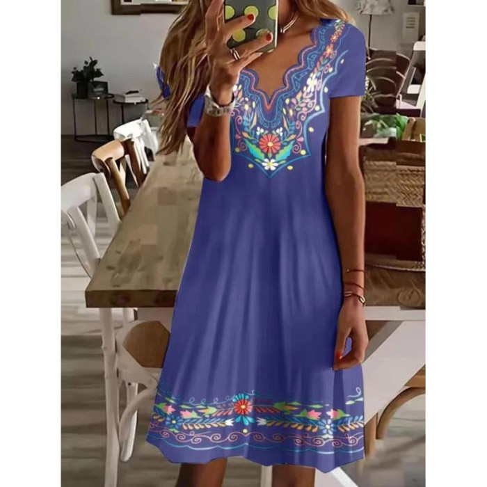 Summer V-neck Loose Swing Retro Flower Embroidered Cotton Casual Dress
