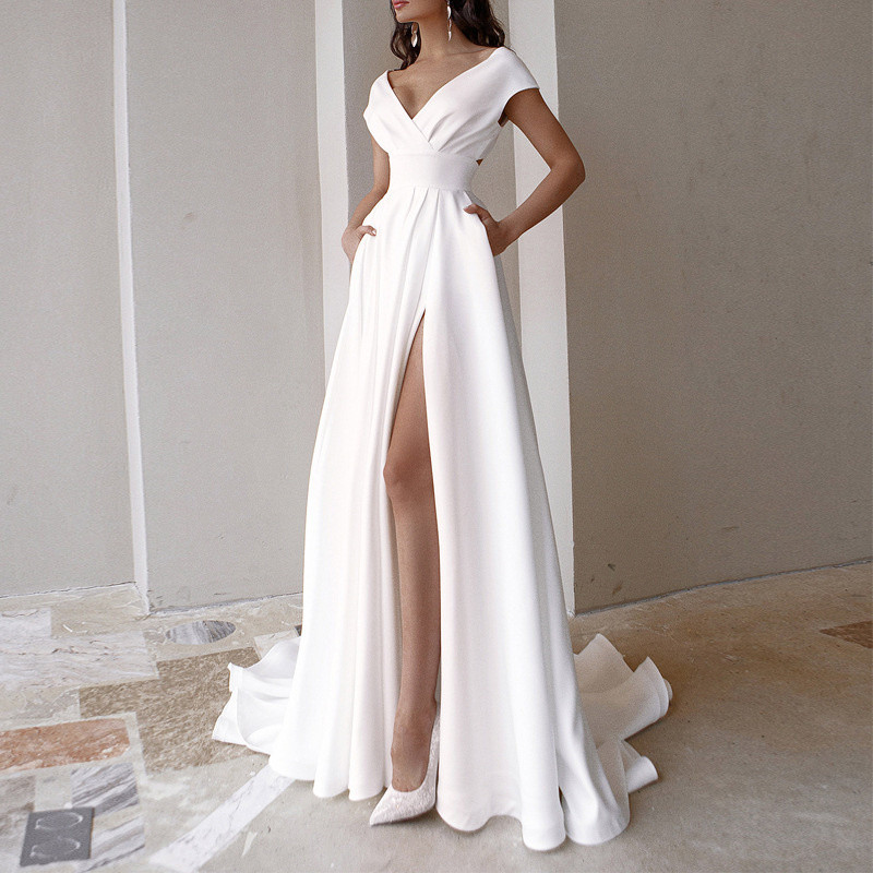 Women's Fashion Ruffle Slim Party Solid Color V Neck Elegant Wedding Guest Dress