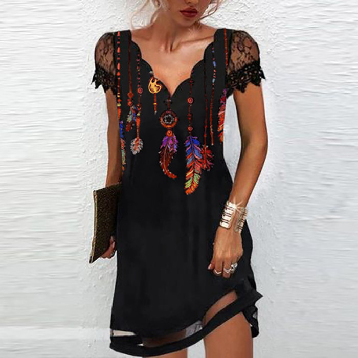 Fashion Elegant V Neck Lace Sexy Short Sleeve Solid Color Party Casual Dress