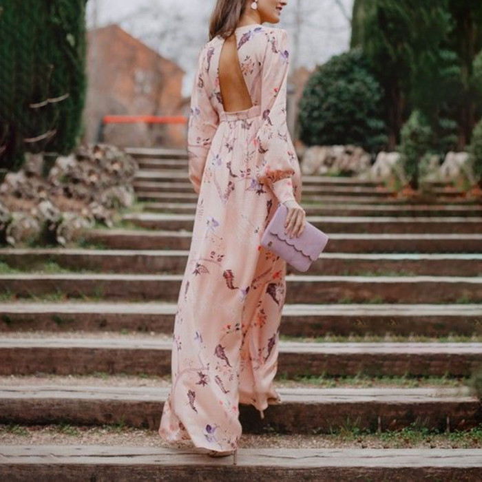 Women's Fashion Print Temperament Long Sleeve Elegant Casual Maxi Dress
