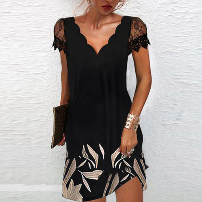 Fashion Elegant V Neck Lace Sexy Short Sleeve Solid Color Party Casual Dress