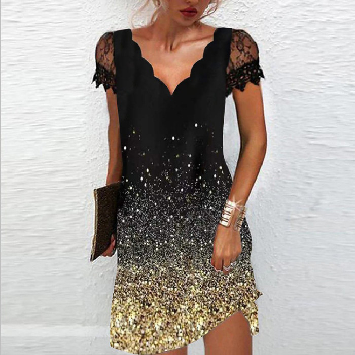Fashion Elegant V Neck Lace Sexy Short Sleeve Solid Color Party Casual Dress