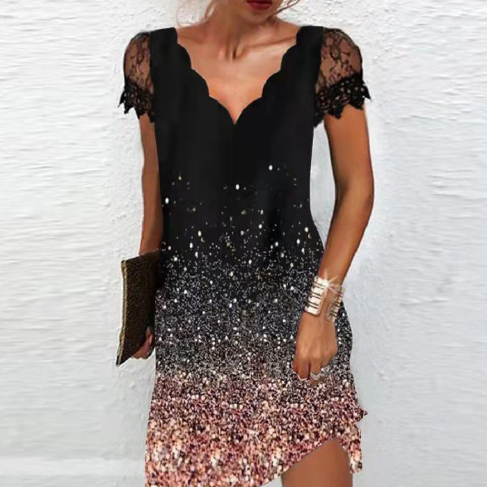 Fashion Elegant V Neck Lace Sexy Short Sleeve Solid Color Party Casual Dress