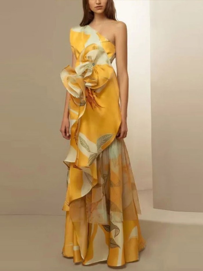 Women's Printed Asymmetrical Slim Retro Backless Sleeveless Wedding Guest Dress