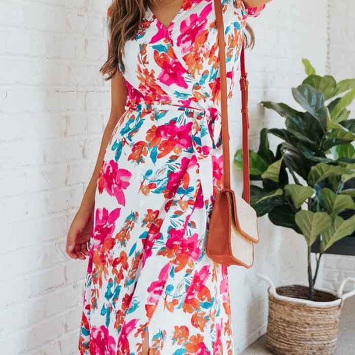 Summer Fashion Elegant Temperament Slit V-neck Print A-Line Maxi Dress