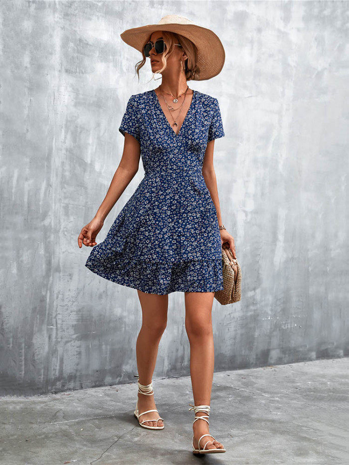 Summer Boho V Neck Print Party Mini Casual Dress