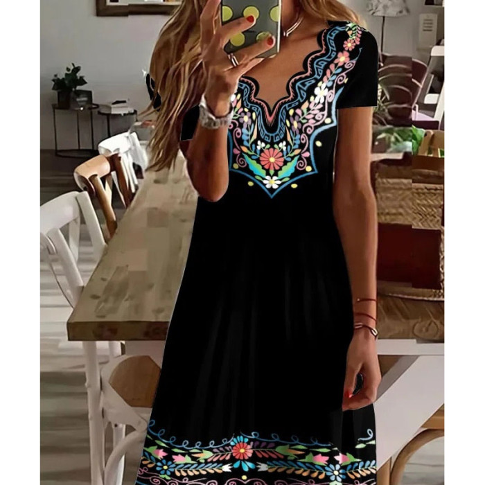 Summer V-neck Loose Swing Retro Flower Embroidered Cotton Casual Dress