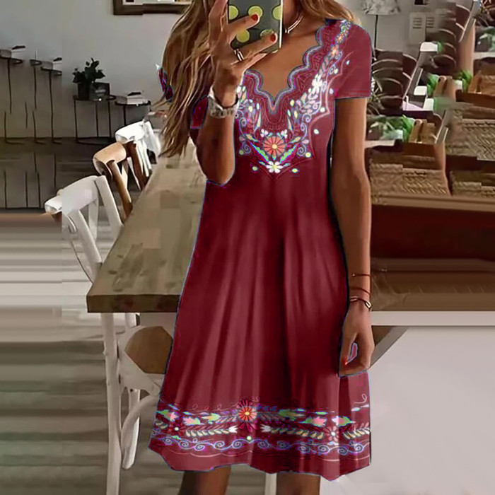 Summer V-neck Loose Swing Retro Flower Embroidered Cotton Casual Dress