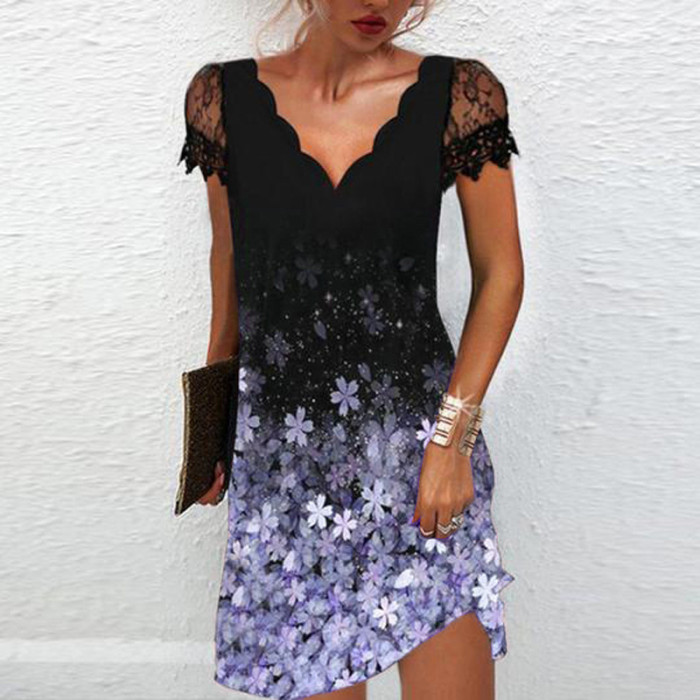 Fashion Elegant V Neck Lace Sexy Short Sleeve Solid Color Party Casual Dress