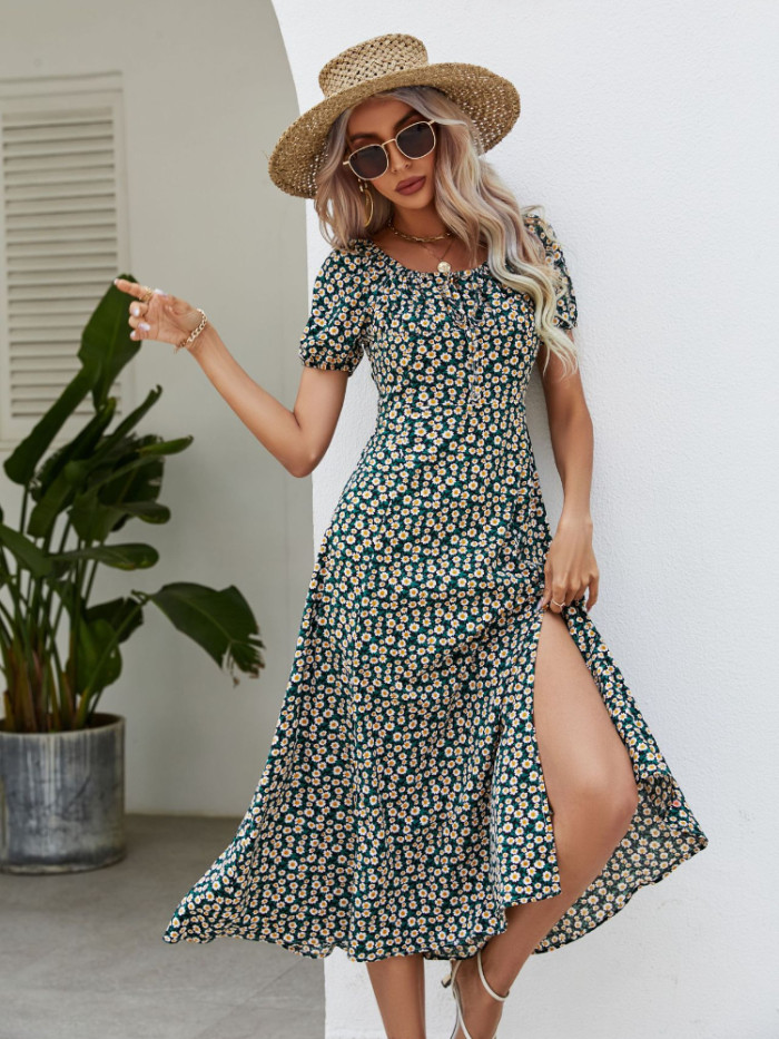 Summer Fashion Print Elegant Lace Up Sexy Strapless Slit Maxi Dress