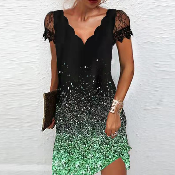 Fashion Elegant V Neck Lace Sexy Short Sleeve Solid Color Party Casual Dress