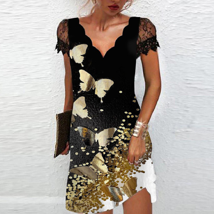 Fashion Elegant V Neck Lace Sexy Short Sleeve Solid Color Party Casual Dress