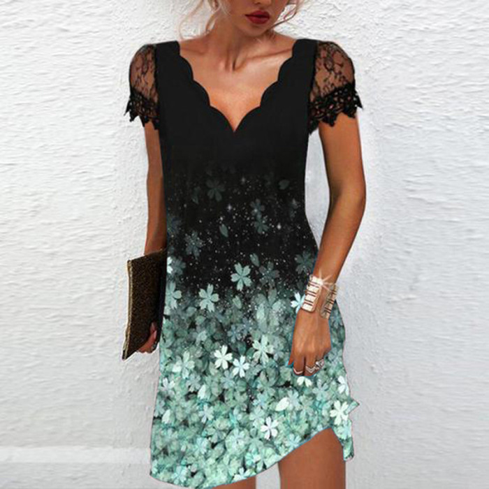 Fashion Elegant V Neck Lace Sexy Short Sleeve Solid Color Party Casual Dress