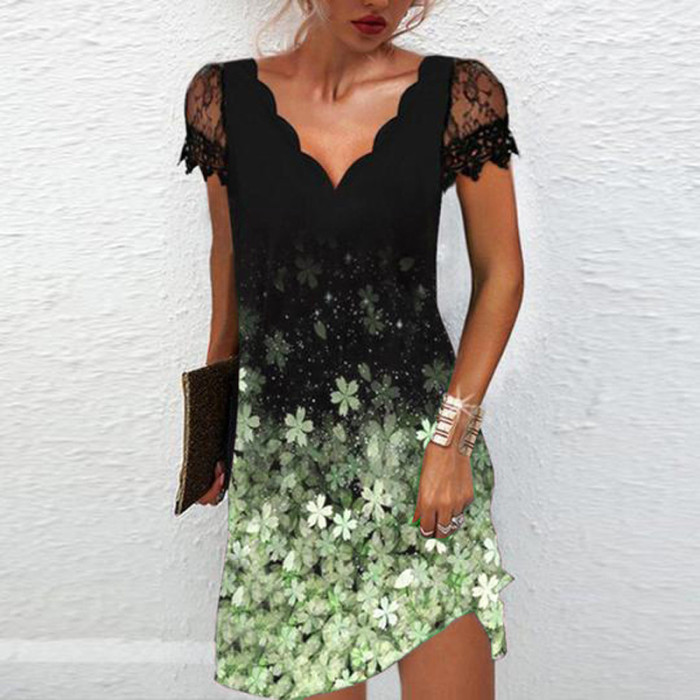 Fashion Elegant V Neck Lace Sexy Short Sleeve Solid Color Party Casual Dress