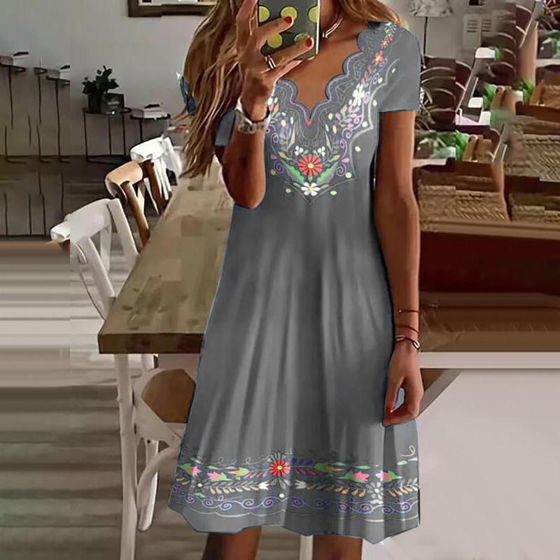 Summer V-neck Loose Swing Retro Flower Embroidered Cotton Casual Dress