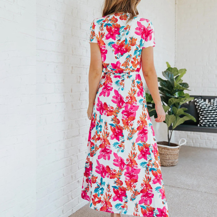 Summer Fashion Elegant Temperament Slit V-neck Print A-Line Maxi Dress