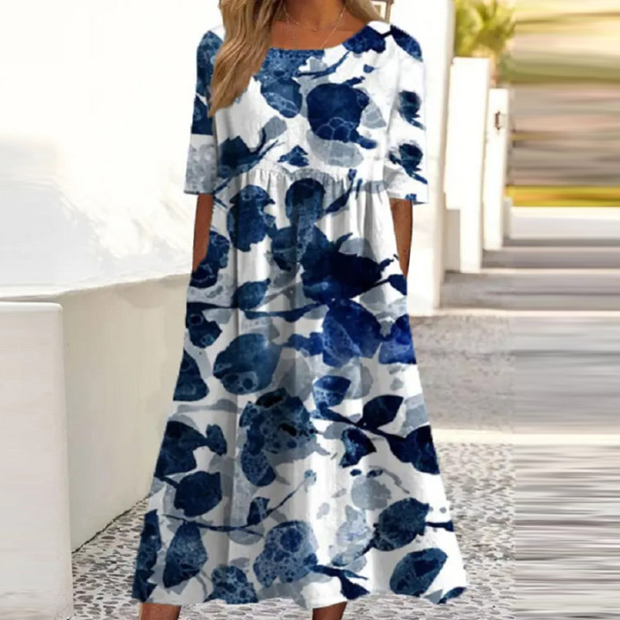 Summer Casual Pocket Elegant Office Fashion O Neck Loose Printed Midi Party Dress