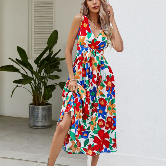 Summer Fashion Vacation V-line Tunic Sexy Casual Beach Maxi Dress