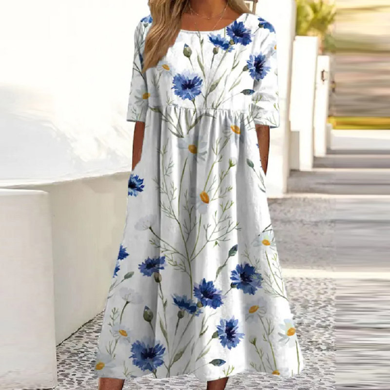 Summer Casual Pocket Elegant Office Fashion O Neck Loose Printed Midi Party Dress