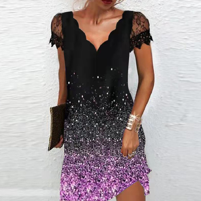 Fashion Elegant V Neck Lace Sexy Short Sleeve Solid Color Party Casual Dress