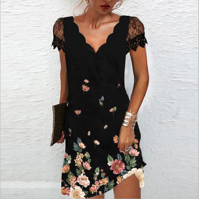 Fashion Elegant V Neck Lace Sexy Short Sleeve Solid Color Party Casual Dress