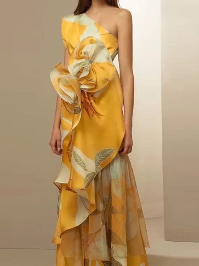 Women's Printed Asymmetrical Slim Retro Backless Sleeveless Wedding Guest Dress