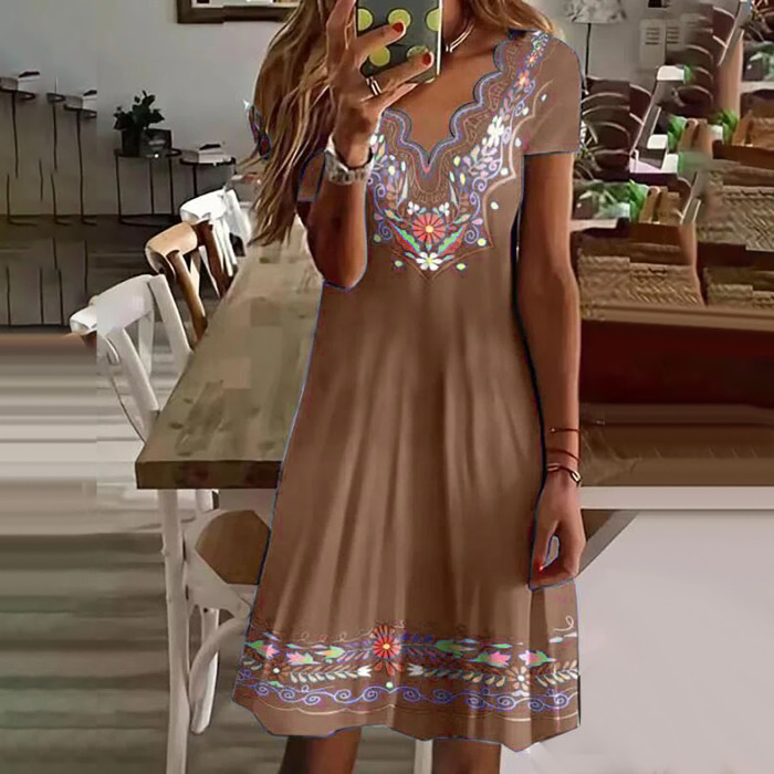 Summer V-neck Loose Swing Retro Flower Embroidered Cotton Casual Dress