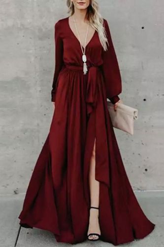 Temperament V Neck Long Sleeve Solid Color Party Elegant  Maxi Dress