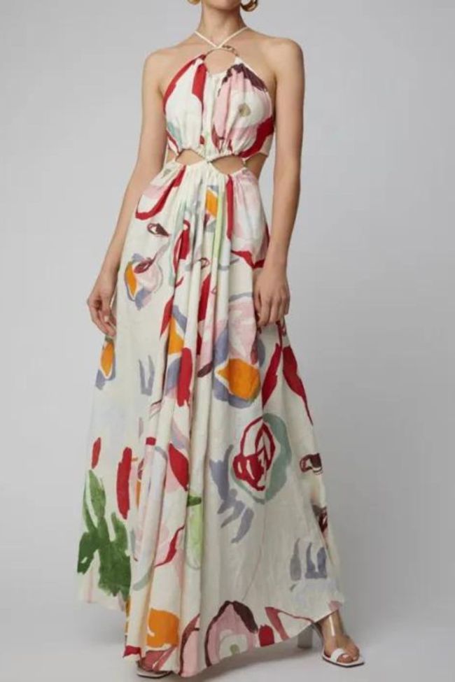 Fashion Sexy Hollow Fashion Floral Sleeveless Halter Neck High Waist Beach Maxi Dress