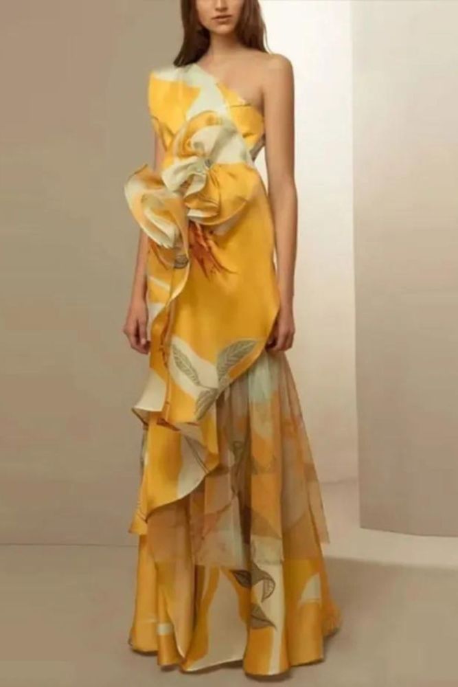 Women's Printed Asymmetrical Slim Retro Backless Sleeveless Wedding Guest Dress