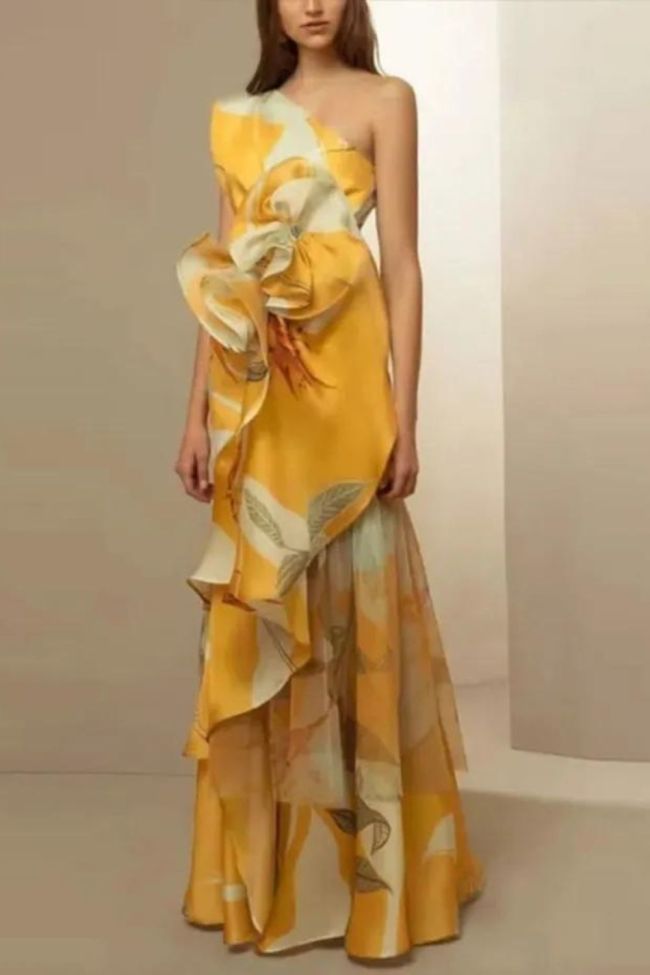 Women's Printed Asymmetrical Slim Retro Backless Sleeveless Wedding Guest Dress