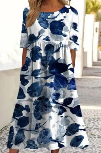 Summer Casual Pocket Elegant Office Fashion O Neck Loose Printed Midi Party Dress