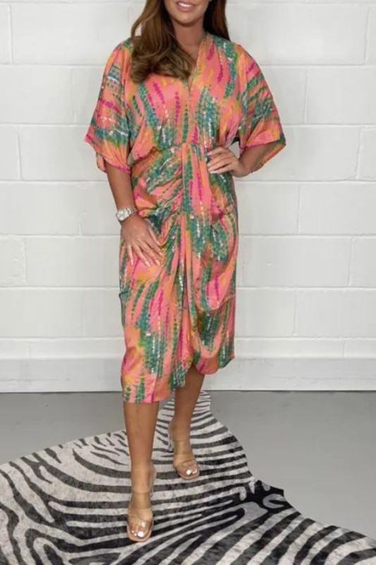 Fashion Print V Neck High Waist Shirt Half Sleeve Irregular Sexy Elegant Party Maxi Dress