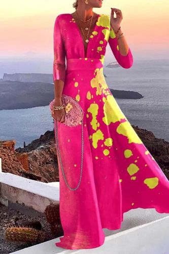 Women's Printed V-Neck Stitching Off-Shoulder Elegant Party  Wedding Guest Dress