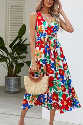 Summer Fashion Vacation V-line Tunic Sexy Casual Beach Maxi Dress