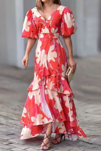 Summer Fashion Color Elegant V Neck Print Layered Elegant Wedding Guest Dress