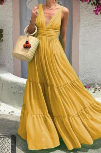 Summer Solid Color Fashion Temperament Sexy V Neck Sleeveless Backless Party Maxi Dress