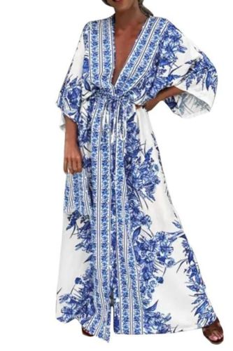 Fashionable V Neck Tie Retro Print Swing Casual Loose Casual Maxi Dress